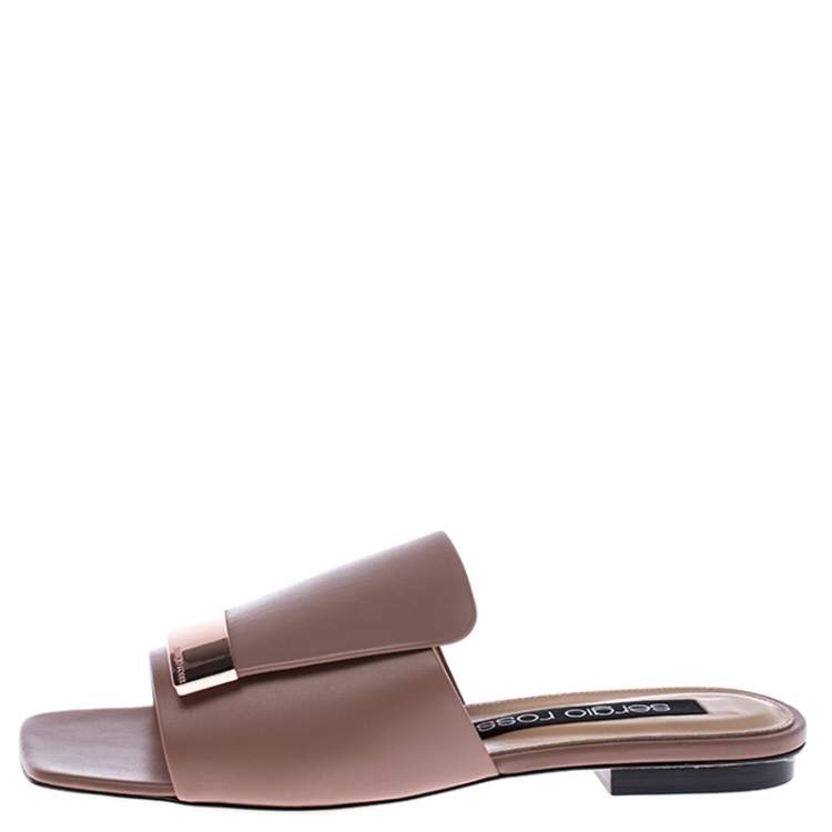 Pre Owned Sergio Rossi Beige Leather SR1 Flat Mules Size 38.5