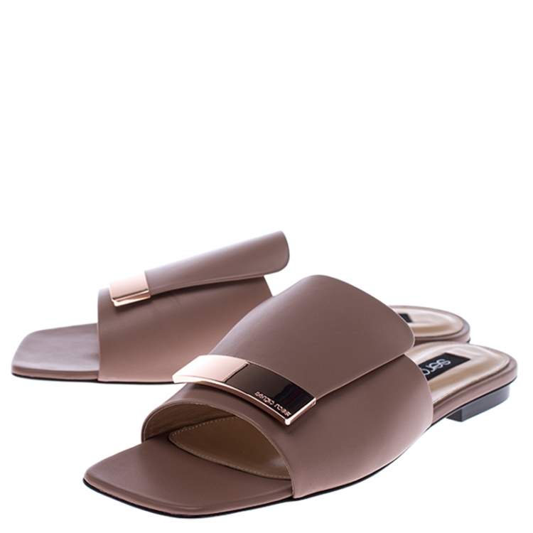 Pre Owned Sergio Rossi Beige Leather SR1 Flat Mules Size 38.5