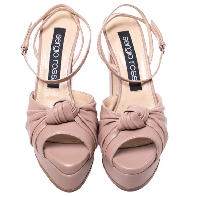 Pre Owned Sergio Rossi Beige Leather Kaia Knot Detail Platform Sandals Size 38