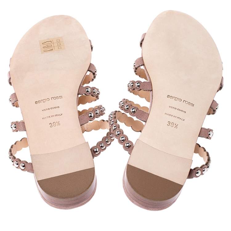 Pre Owned Sergio Rossi Beige Suede Studded Flat Slides Size 38.5