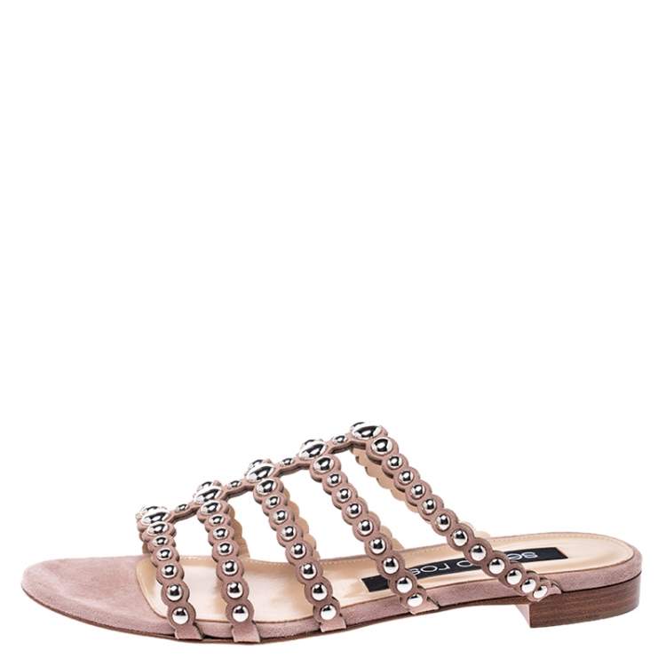 Pre Owned Sergio Rossi Beige Suede Studded Flat Slides Size 38.5