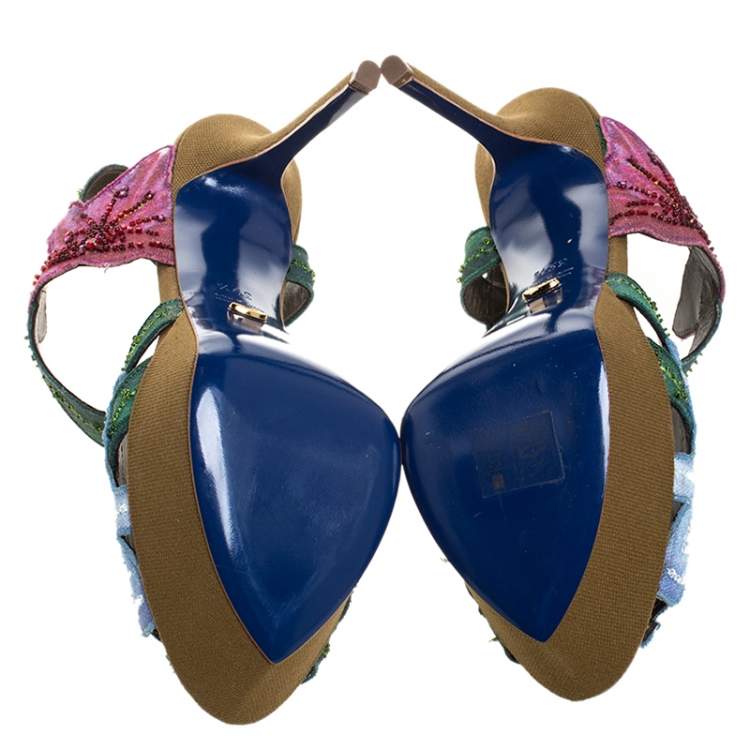 Pre Owned Sergio Rossi Multicolor Flower And Leaf Canvas Sandals Size 39.5