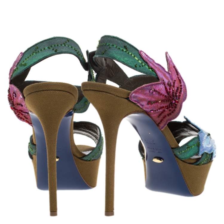 Pre Owned Sergio Rossi Multicolor Flower And Leaf Canvas Sandals Size 39.5