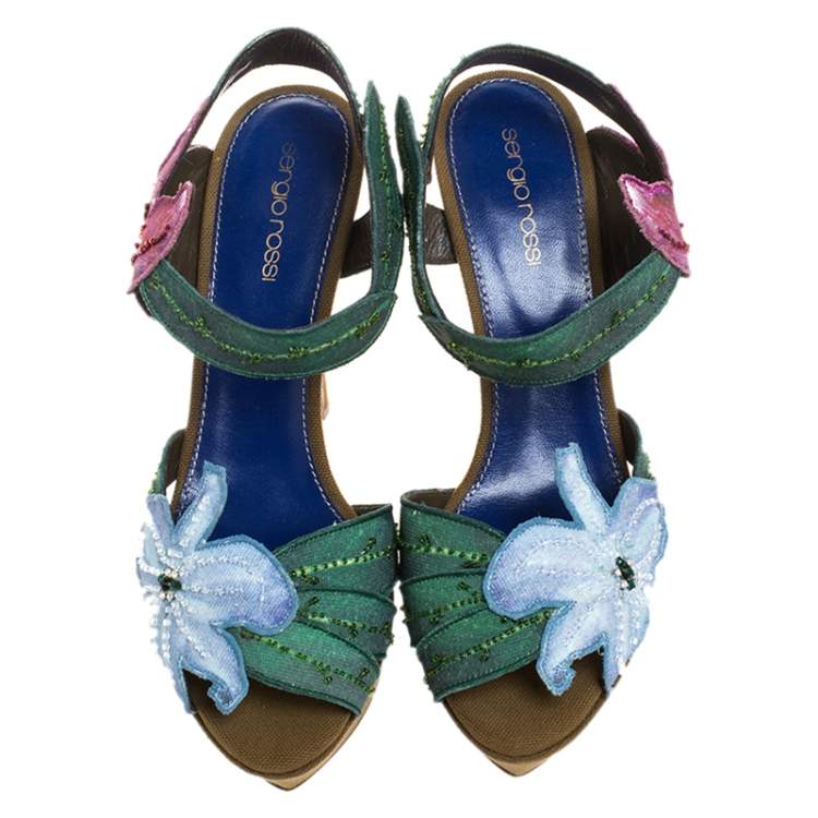 Pre Owned Sergio Rossi Multicolor Flower And Leaf Canvas Sandals Size 39.5