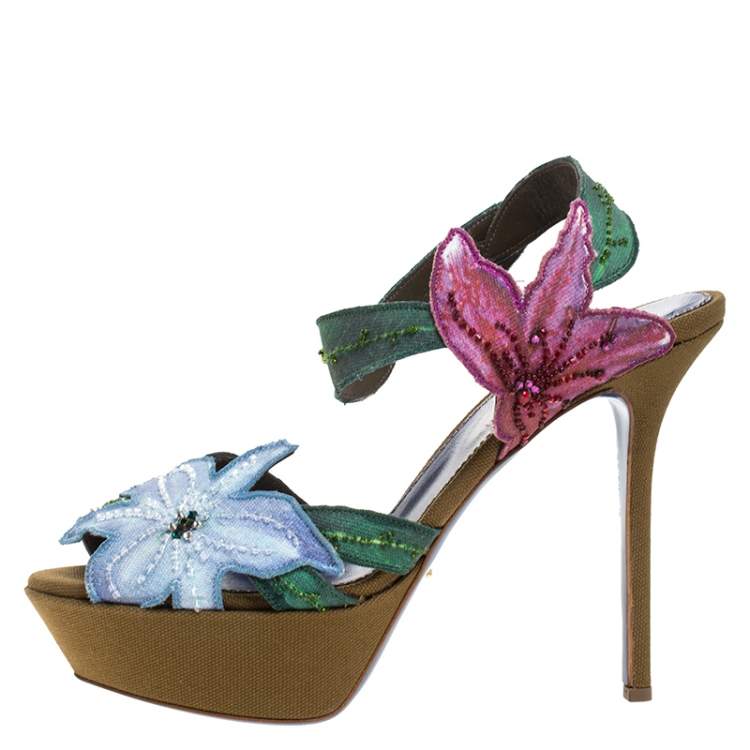Pre Owned Sergio Rossi Multicolor Flower And Leaf Canvas Sandals Size 39.5