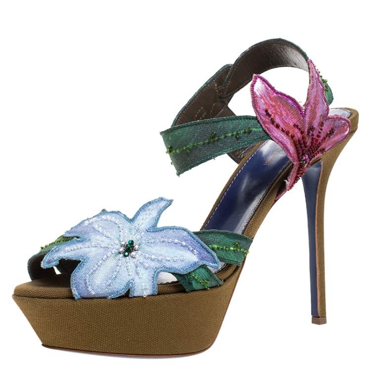 Pre Owned Sergio Rossi Multicolor Flower And Leaf Canvas Sandals Size 39.5