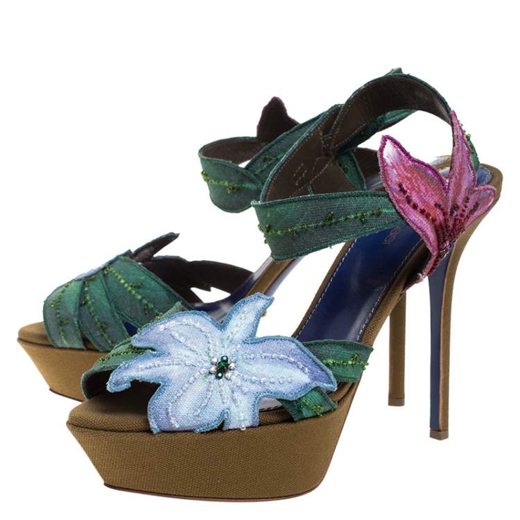 Pre Owned Sergio Rossi Multicolor Flower And Leaf Canvas Sandals Size 39.5