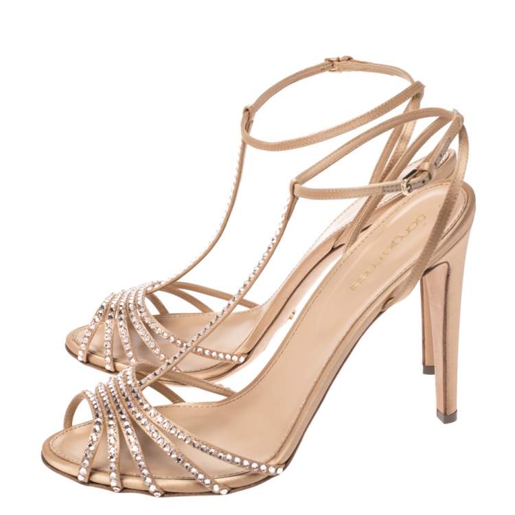Pre Owned Sergio Rossi Beige Crystal Embellished Satin Shadows Ankle Strap Sandals Size 41