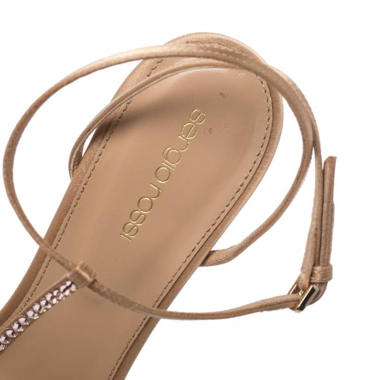 Pre Owned Sergio Rossi Beige Crystal Embellished Satin Shadows Ankle Strap Sandals Size 41