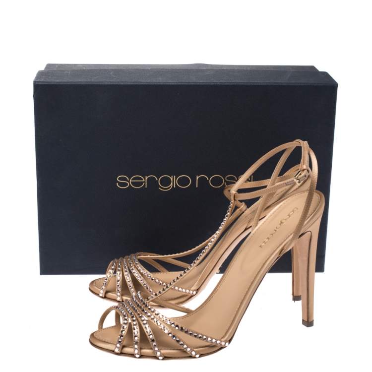 Pre Owned Sergio Rossi Beige Crystal Embellished Satin Shadows Ankle Strap Sandals Size 41