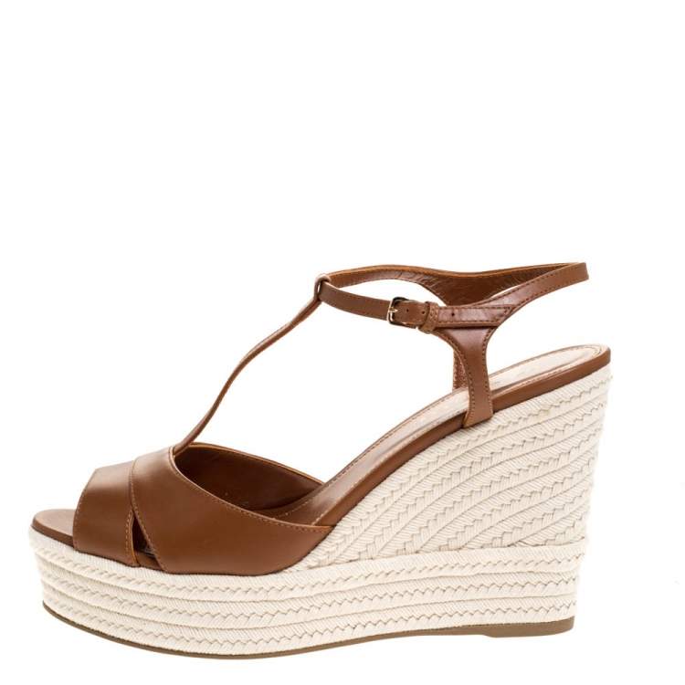 Pre Owned Sergio Rossi Brown Leather Wedge Espadrille Ankle Strap Sandals Size 39