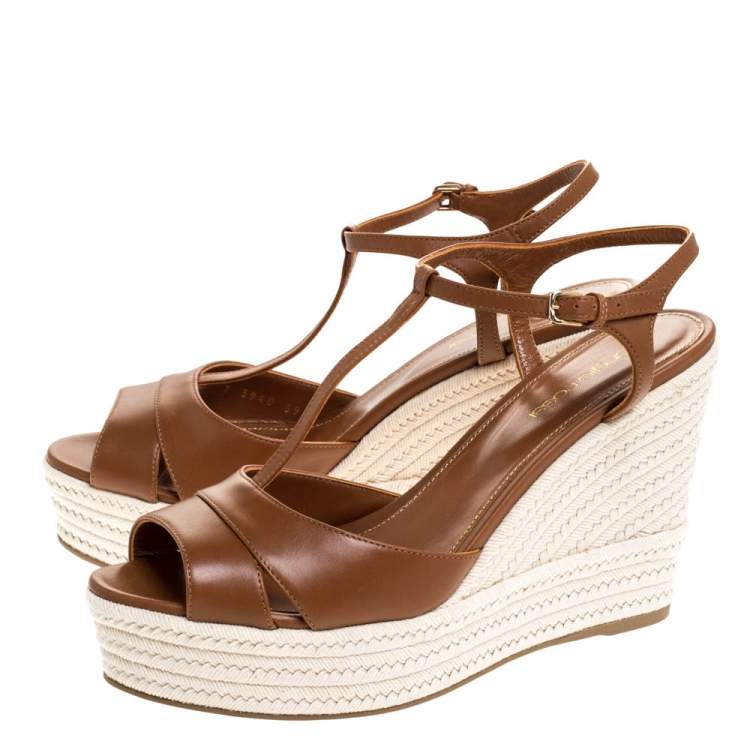 Pre Owned Sergio Rossi Brown Leather Wedge Espadrille Ankle Strap Sandals Size 39