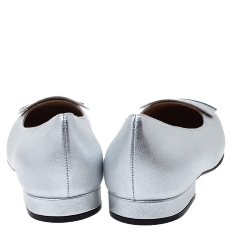 Pre Owned Sergio Rossi Silver Leather sr1 Metal Plate Detail Square Toe Ballet Flats Size 40