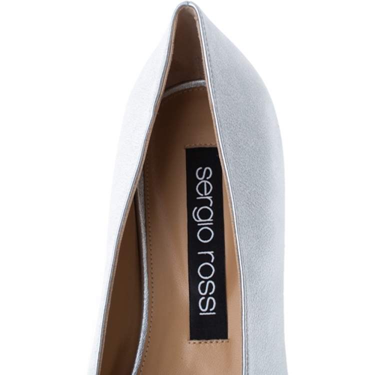 Pre Owned Sergio Rossi Silver Leather sr1 Metal Plate Detail Square Toe Ballet Flats Size 40