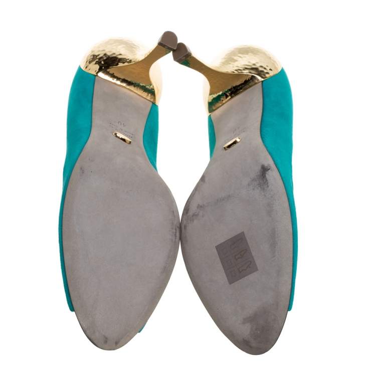 Pre Owned Sergio Rossi Green Suede Golden Heels Peep Toe  Pumps Size 40