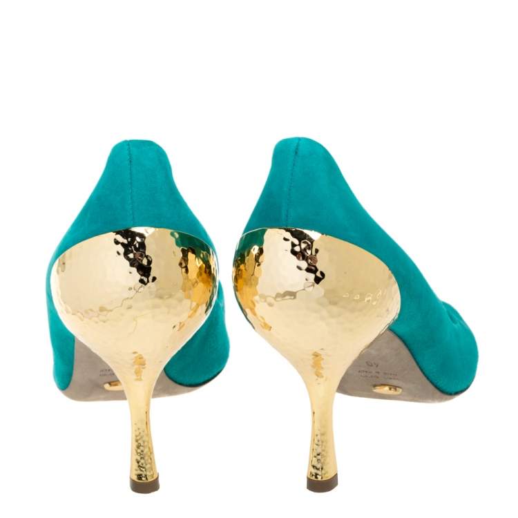 Pre Owned Sergio Rossi Green Suede Golden Heels Peep Toe  Pumps Size 40