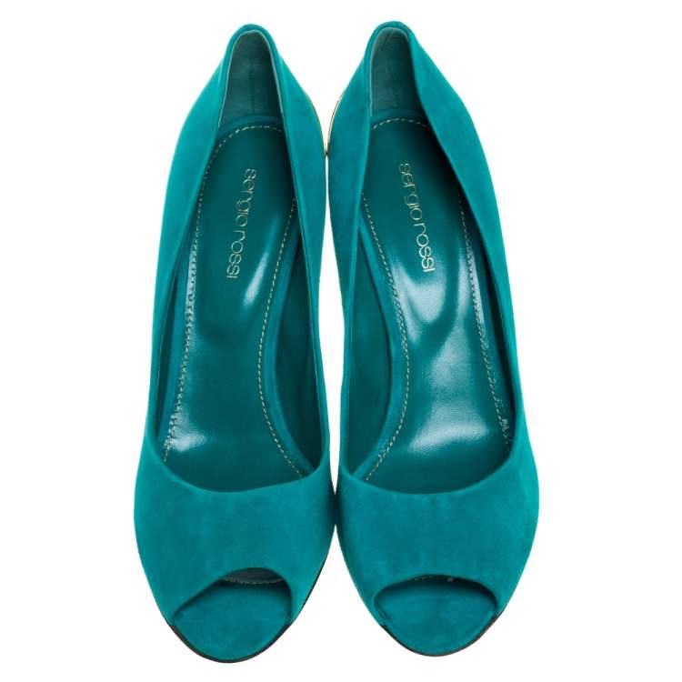 Pre Owned Sergio Rossi Green Suede Golden Heels Peep Toe  Pumps Size 40