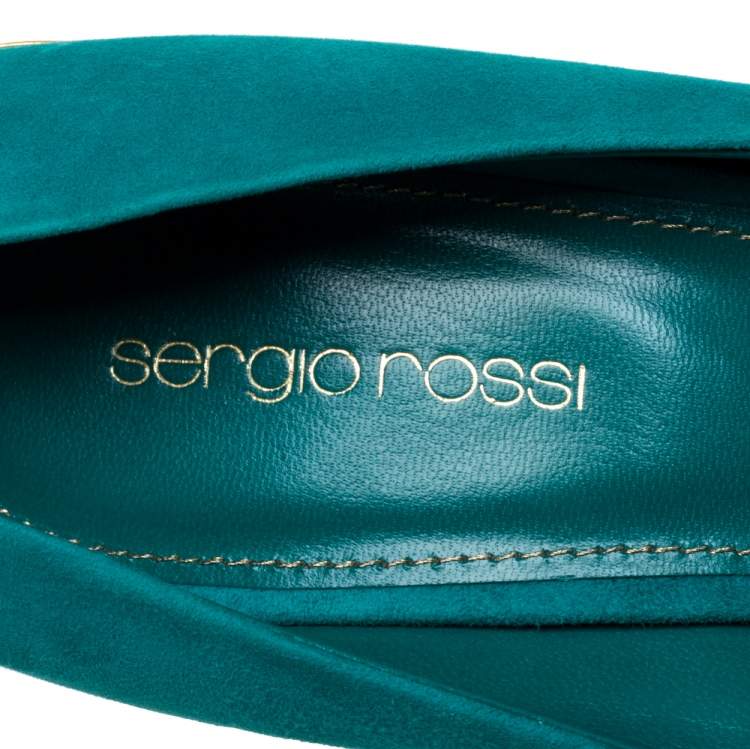 Pre Owned Sergio Rossi Green Suede Golden Heels Peep Toe  Pumps Size 40