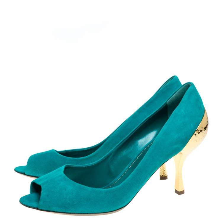 Pre Owned Sergio Rossi Green Suede Golden Heels Peep Toe  Pumps Size 40