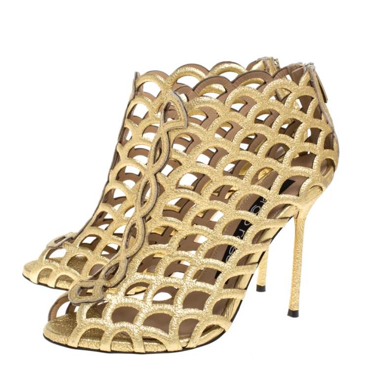 Pre Owned Sergio Rossi Metallic Gold Leather Scalloped Peep Toe Caged Booties Size 37