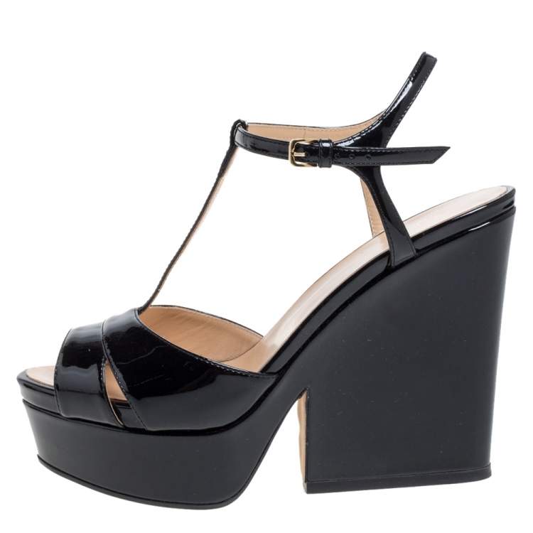 Pre Owned Sergio Rossi Black Patent Leather T-Strap Platform Sandals Size 37.5