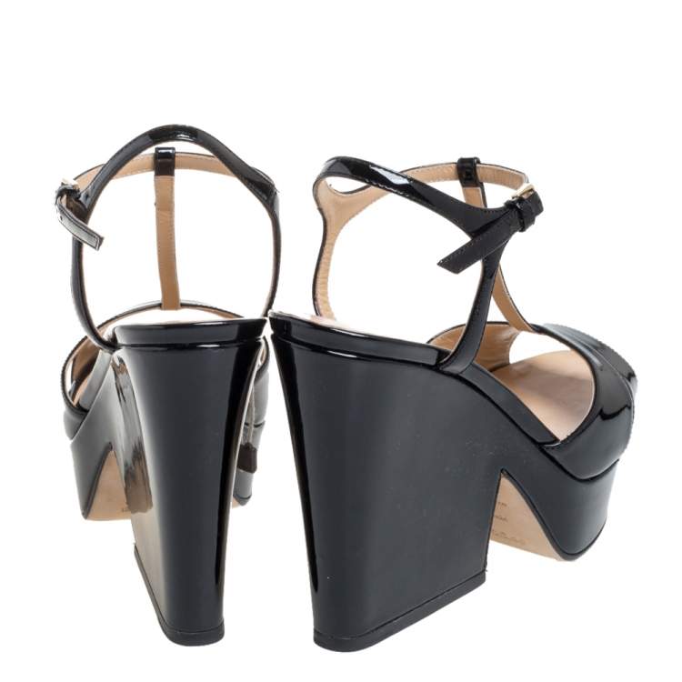 Pre Owned Sergio Rossi Black Patent Leather T-Strap Platform Sandals Size 37.5