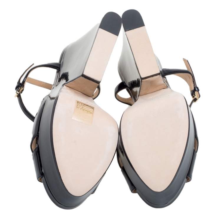 Pre Owned Sergio Rossi Black Patent Leather T-Strap Platform Sandals Size 37.5