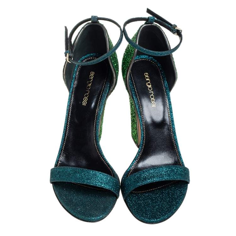 Pre Owned Sergio Rossi Blue/Green Coarse Glitter Ankle Strap Open Toe Sandals Size 38.5