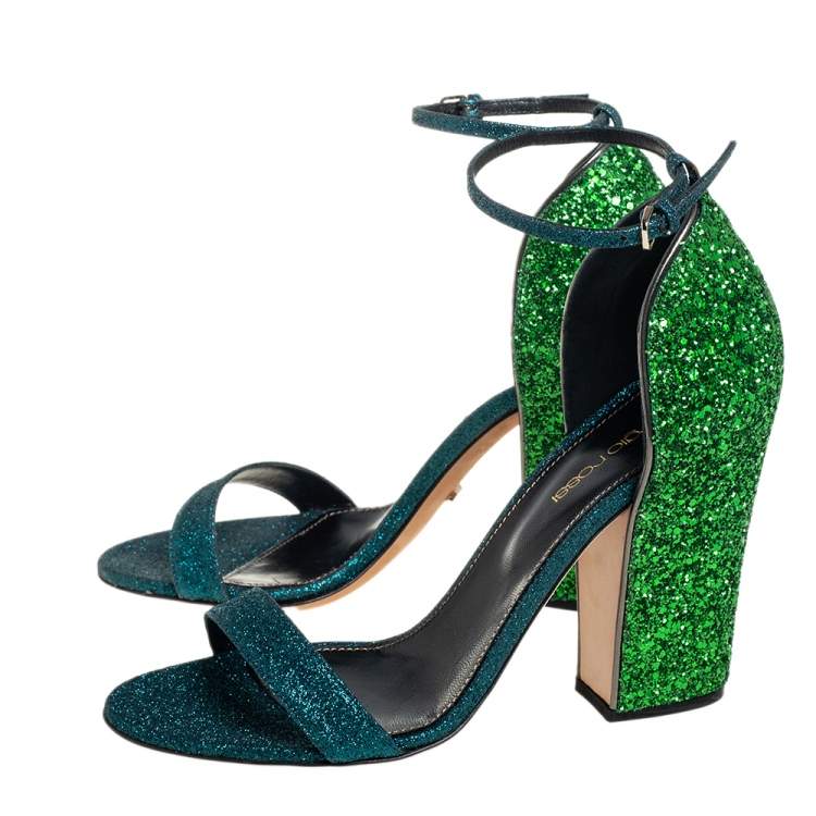 Pre Owned Sergio Rossi Blue/Green Coarse Glitter Ankle Strap Open Toe Sandals Size 38.5