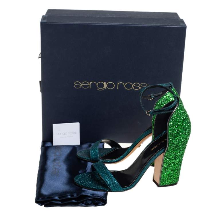 Pre Owned Sergio Rossi Blue/Green Coarse Glitter Ankle Strap Open Toe Sandals Size 38.5