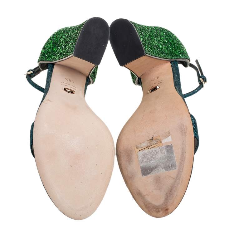 Pre Owned Sergio Rossi Blue/Green Coarse Glitter Ankle Strap Open Toe Sandals Size 38.5