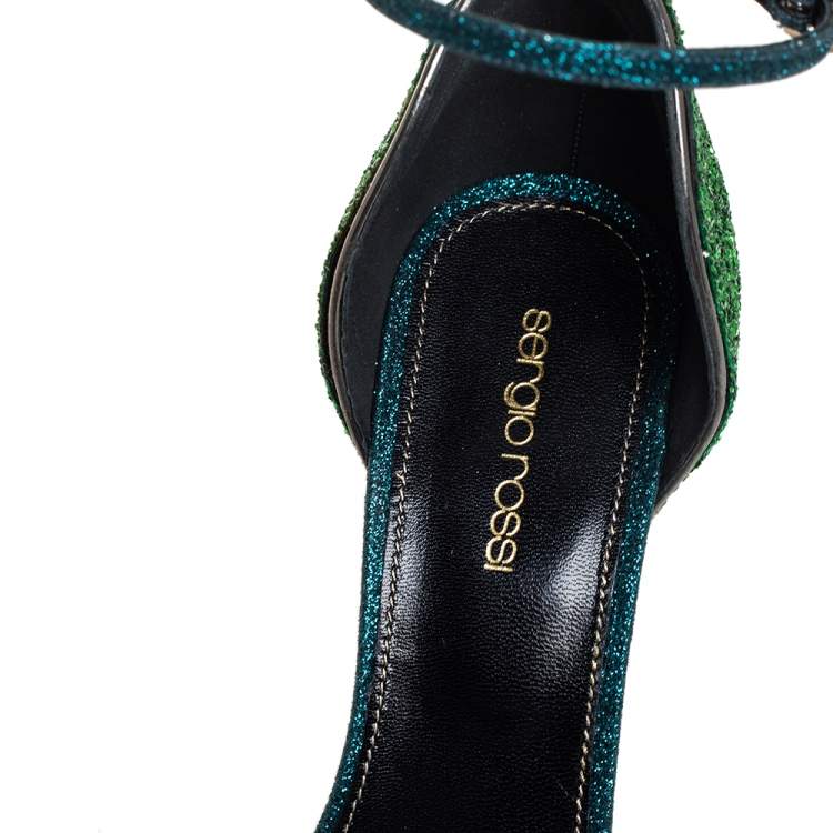 Pre Owned Sergio Rossi Blue/Green Coarse Glitter Ankle Strap Open Toe Sandals Size 38.5