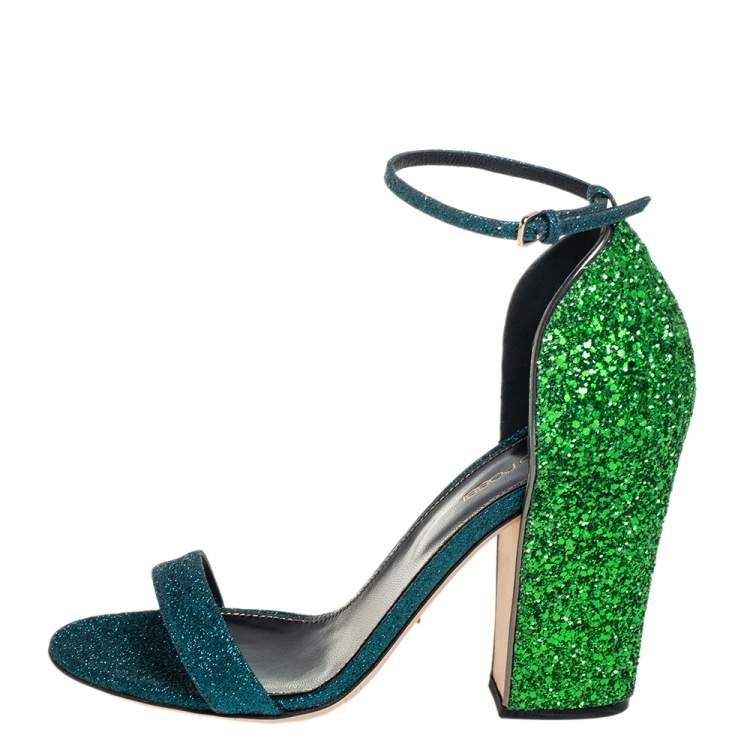 Pre Owned Sergio Rossi Blue/Green Coarse Glitter Ankle Strap Open Toe Sandals Size 38.5