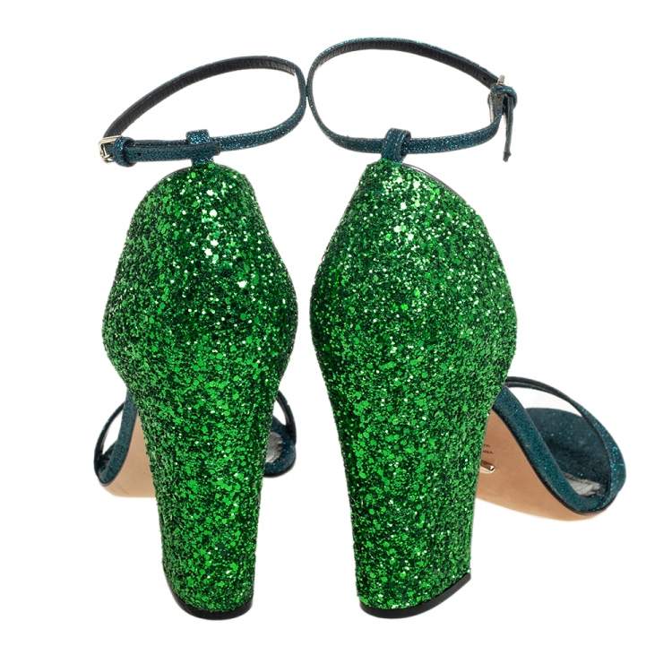 Pre Owned Sergio Rossi Blue/Green Coarse Glitter Ankle Strap Open Toe Sandals Size 38.5