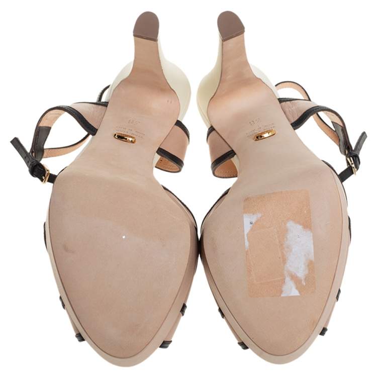 Pre Owned Sergio Rossi Beige And Black Leather T-Strap Platform Sandals Size 38