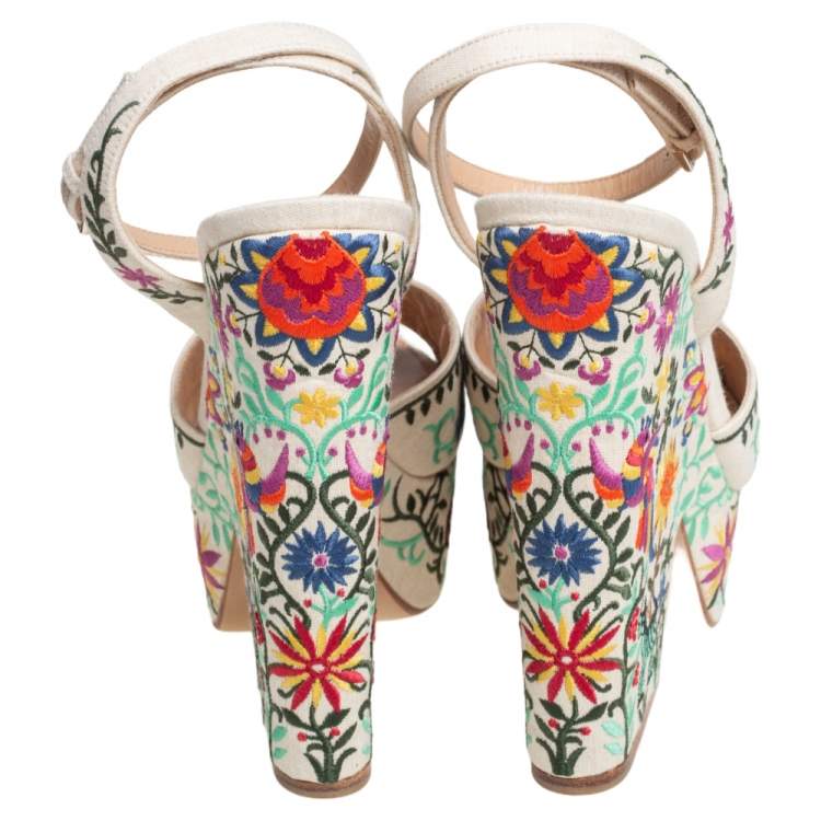 Pre Owned Sergio Rossi Beige Cotton Floral Embroidered Platform Ankle Wrap Sandals Size 39.5