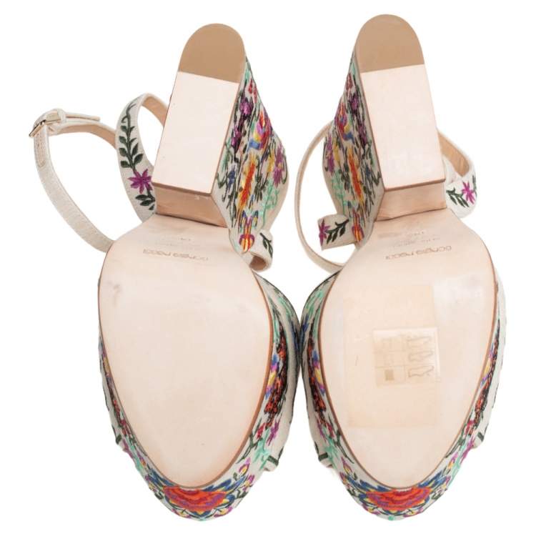 Pre Owned Sergio Rossi Beige Cotton Floral Embroidered Platform Ankle Wrap Sandals Size 39.5