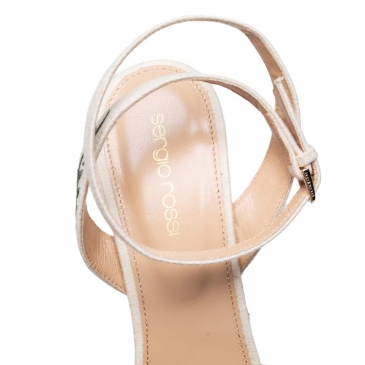 Pre Owned Sergio Rossi Beige Cotton Floral Embroidered Platform Ankle Wrap Sandals Size 39.5