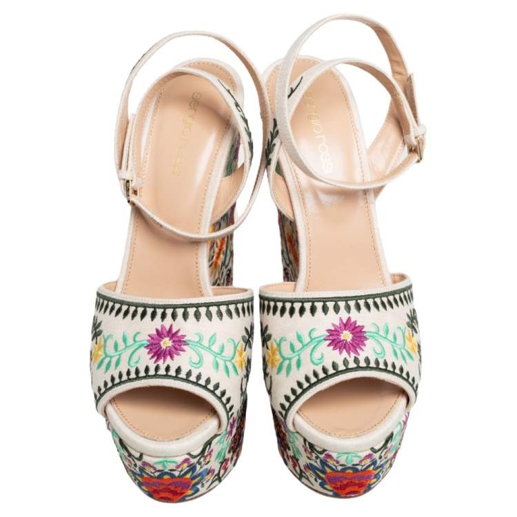 Pre Owned Sergio Rossi Beige Cotton Floral Embroidered Platform Ankle Wrap Sandals Size 39.5
