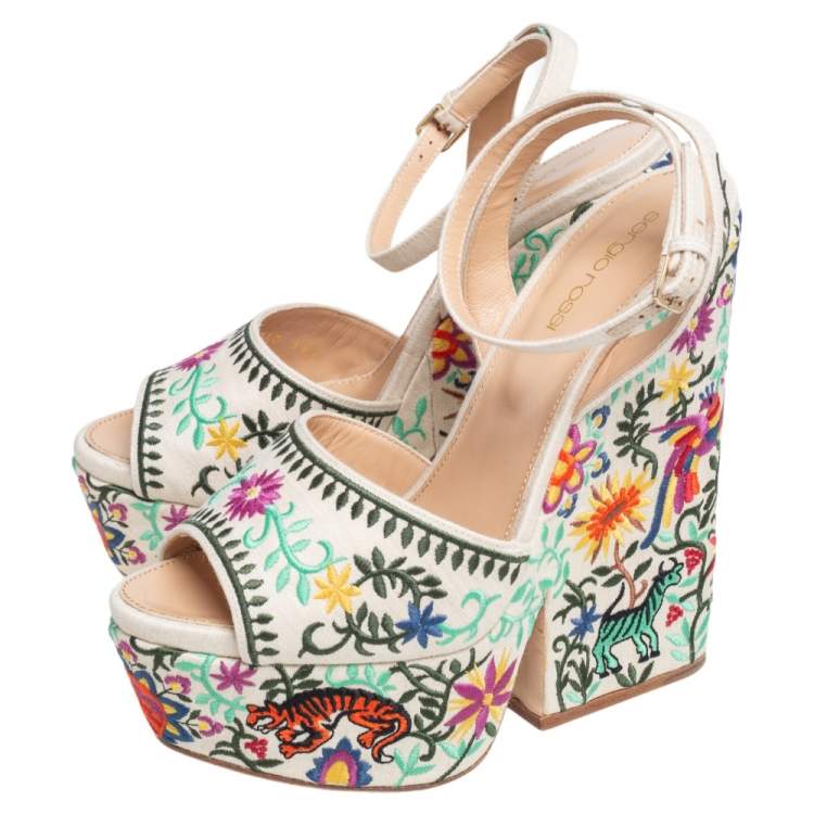 Pre Owned Sergio Rossi Beige Cotton Floral Embroidered Platform Ankle Wrap Sandals Size 39.5