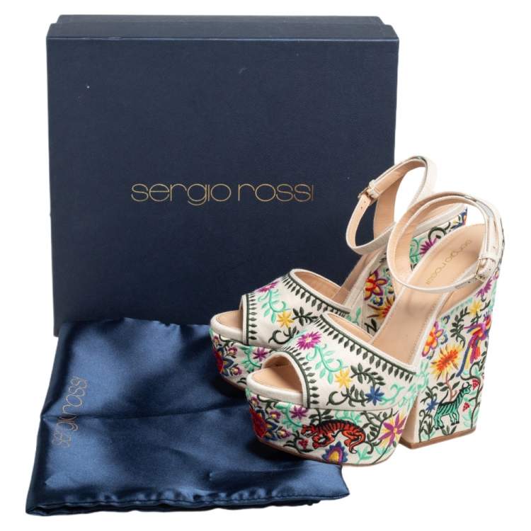 Pre Owned Sergio Rossi Beige Cotton Floral Embroidered Platform Ankle Wrap Sandals Size 39.5