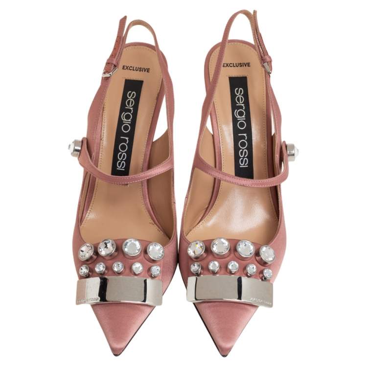 Pre Owned Sergio Rossi Pink Satin SR1 Crystal Embellished Slingback Sandals Size 38.5