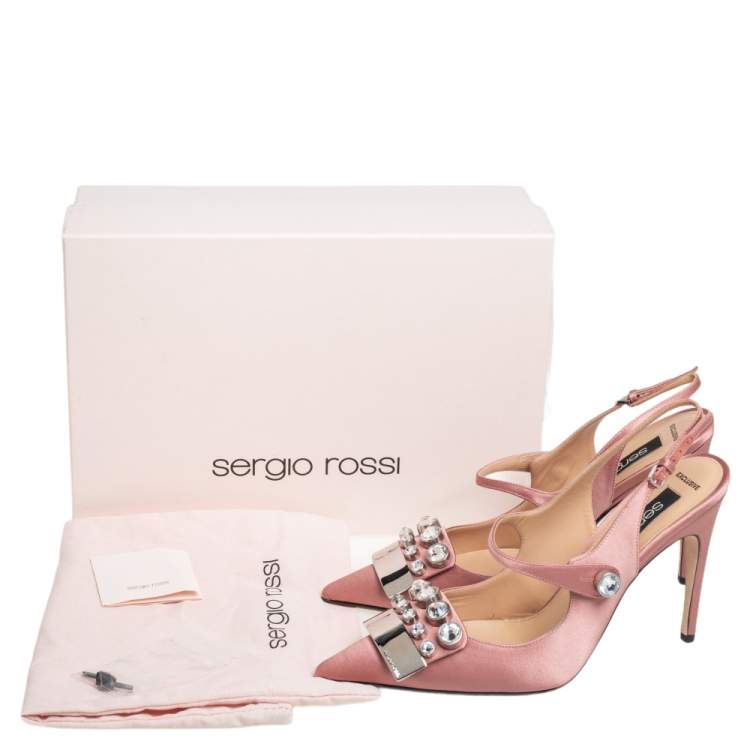 Pre Owned Sergio Rossi Pink Satin SR1 Crystal Embellished Slingback Sandals Size 38.5