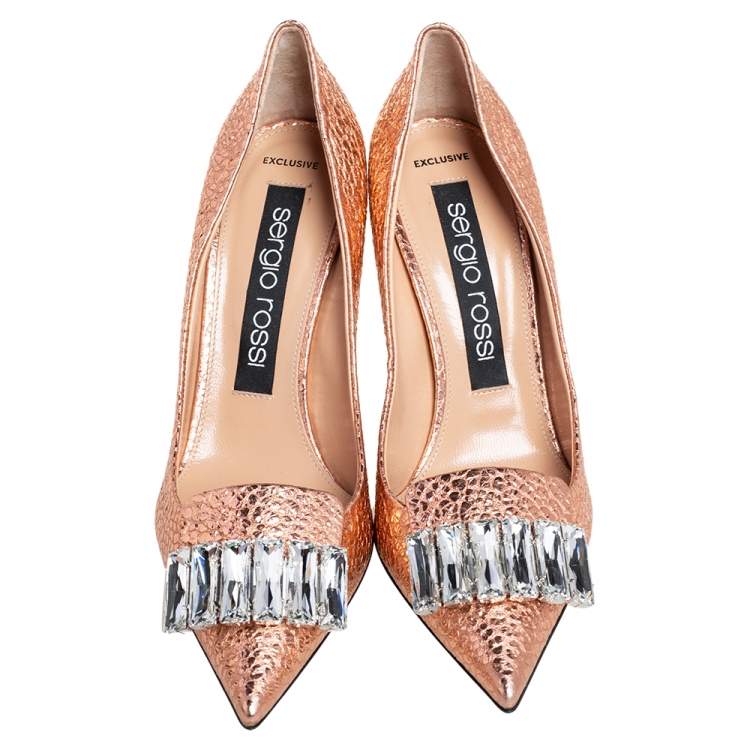 Pre Owned Sergio Rossi Metallic Rose Gold Textured Leather Crystal Embellished SR1 Pointed Toe Pumps Size 38.5