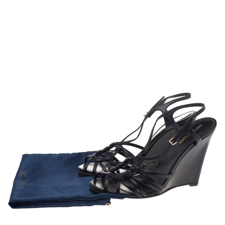 Pre Owned Sergio Rossi Black Leather Strappy Wedge Sandals Size 39