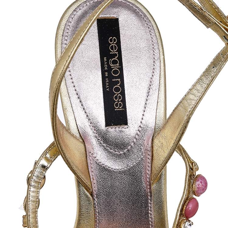 Pre Owned Sergio Rossi Metallic Gold Leather Embellished Strappy Sandals Size 38