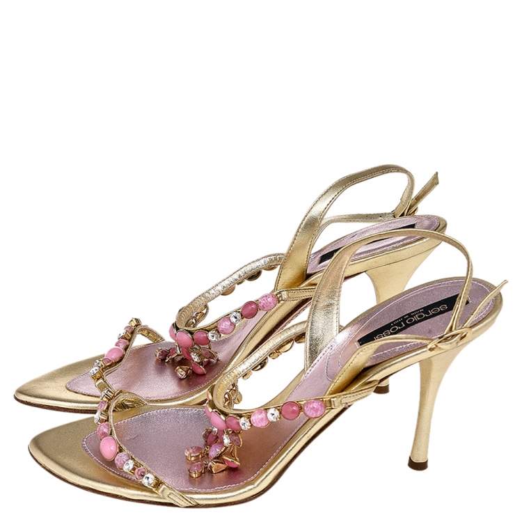 Pre Owned Sergio Rossi Metallic Gold Leather Embellished Strappy Sandals Size 38