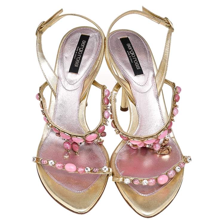 Pre Owned Sergio Rossi Metallic Gold Leather Embellished Strappy Sandals Size 38