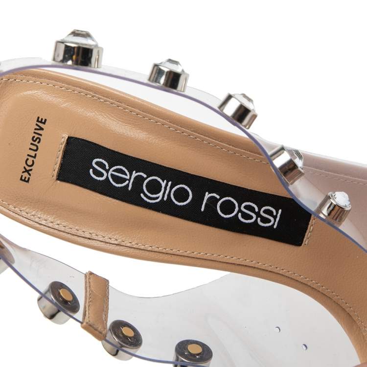 Pre Owned Sergio Rossi Beige PVC Crystal Embellished Slingback Sandals Size 38.5