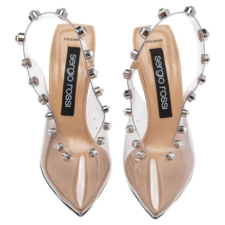 Pre Owned Sergio Rossi Beige PVC Crystal Embellished Slingback Sandals Size 38.5